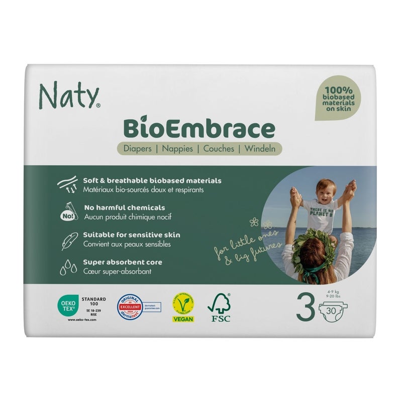 Naty BioEmbrace Baby Diapers Size 3 (4-9 kg),100% Biobased on Skin, Plant-Based Softness, Dermatologically Tested and Super Absorbent, Pack of 30 - Image 1